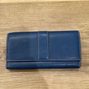 Coach Blue Leather Trifold Wallet Magenta Interior Contrast Stitching Logo